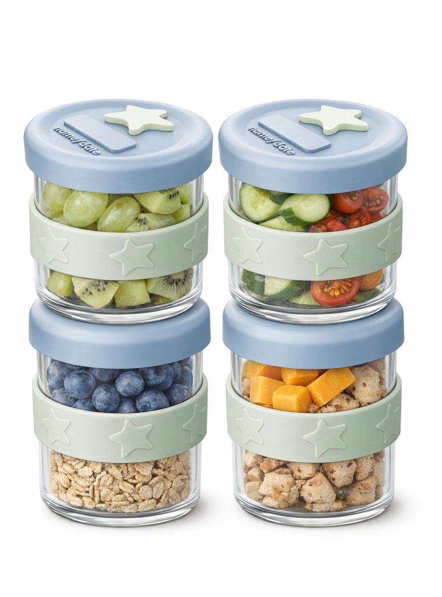 SnelShoppen - Duurzame BPA-vrije Siliconen Babyvoeding Opslagpotten - Lekvrij, Magnetron, Oven, Vriezer Veilige Glas - 4 Stuks 180 ml - Cerulean/Salie