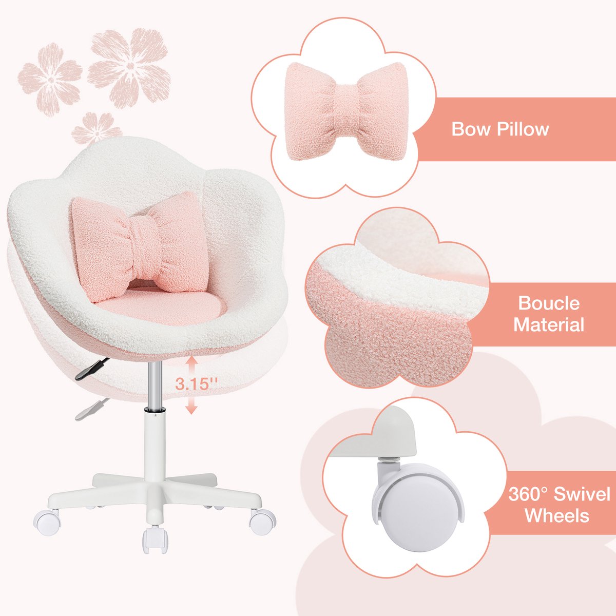 HOFFREE Kinder Bureaustoel Bloemvorm – Verstelbare Draaistoel voor Kinderen – Ergonomische Kinderstoel met Bouclé Bekleding en Lendenkussen – Roze/Wit – foto 7