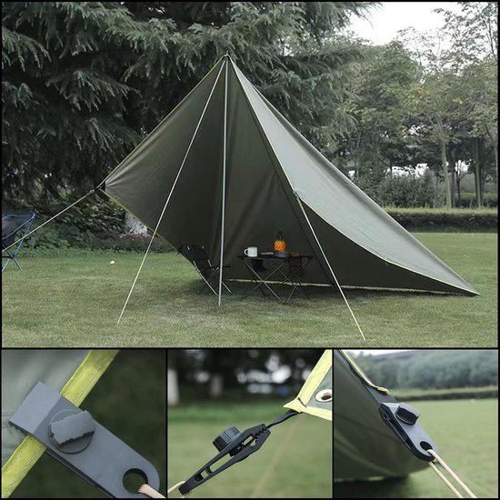 Groene tent opgezet op gras, met ingangen en palen. Detailweergaven tonen hoe een tarpclip met koord aan de tent wordt bevestigd.