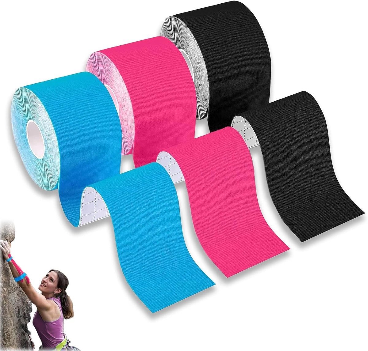 Kinesiotape set met 3 rollen in zwart, blauw en roze - Sporttape voor herstel, blessures en ondersteuning van spieren, 2,5 cm x 5 m