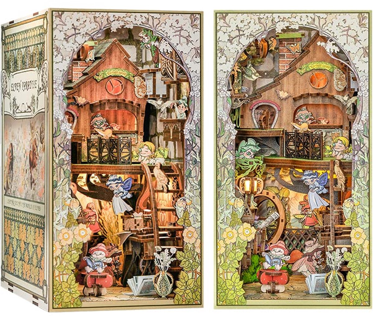 DIY Boekenhoek Miniatuur Poppenhuis Bouwpakket 3D Houten Boekensteun Puzzel Boekenplank Inzetstuk Decoratie Model Bouwpakket - Creativiteit Cadeaupakket met LED-verlichting Elfenparadijs