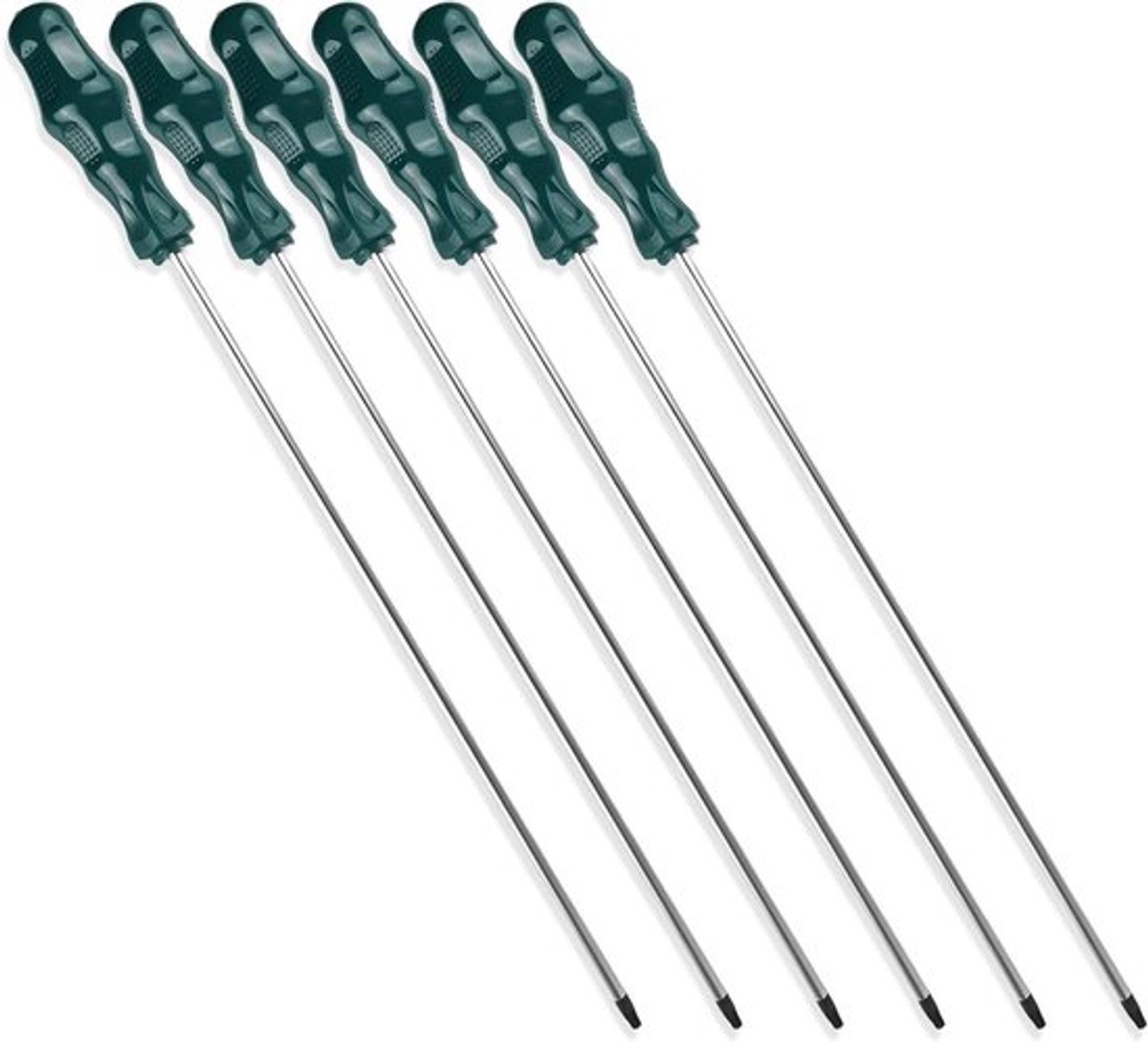 6-delige lange Torx schroevendraaierset met magnetische tip, kunststof handvat en 400 mm bladlengte (T15, T20, T25, T27, T30, T40) voor precisiewerk en klussen