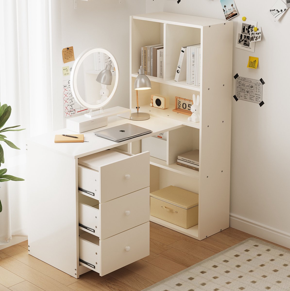 MODENUIT Hoekbureau - Met Boekenkast En 3 Lades - Voor Home Office En Studiehoek - Hout - Wit