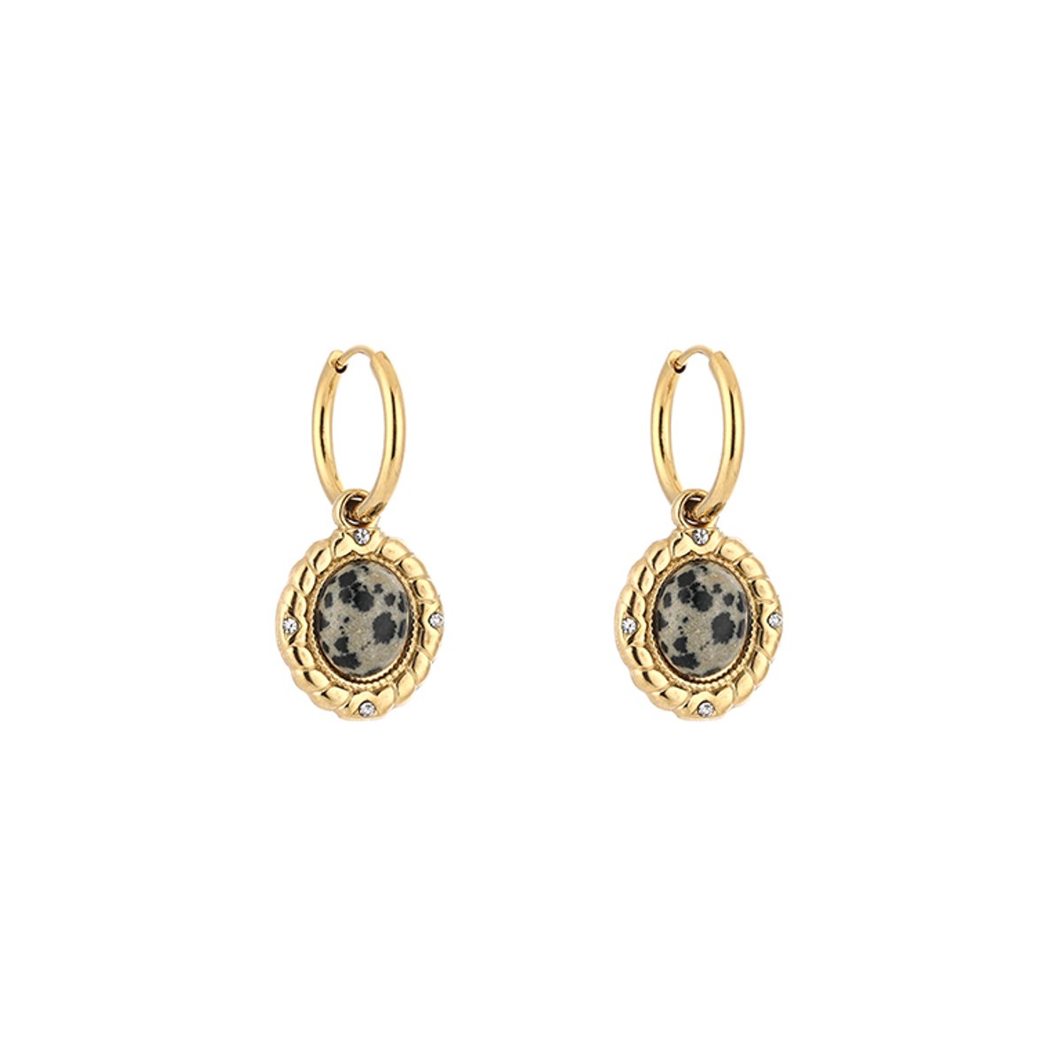 Stainless Steel Vintage Boho Oval Gemstone Charm Hoops – Luxe Boho Ovaal Natuursteen Oorringen – RVS - Leopard