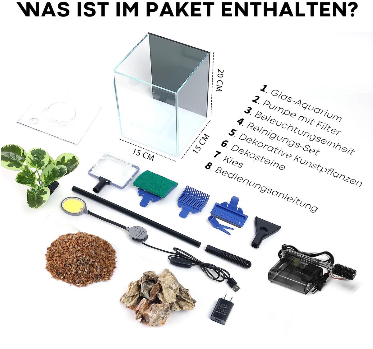 SnelShoppen - Desktop Betta Klein Aquarium Glazen 5 Liter Complete Set met Zelfreinigend Filtersysteem, Helder LED Licht, Grind, Plant en Reinigingsge thumbnail 4