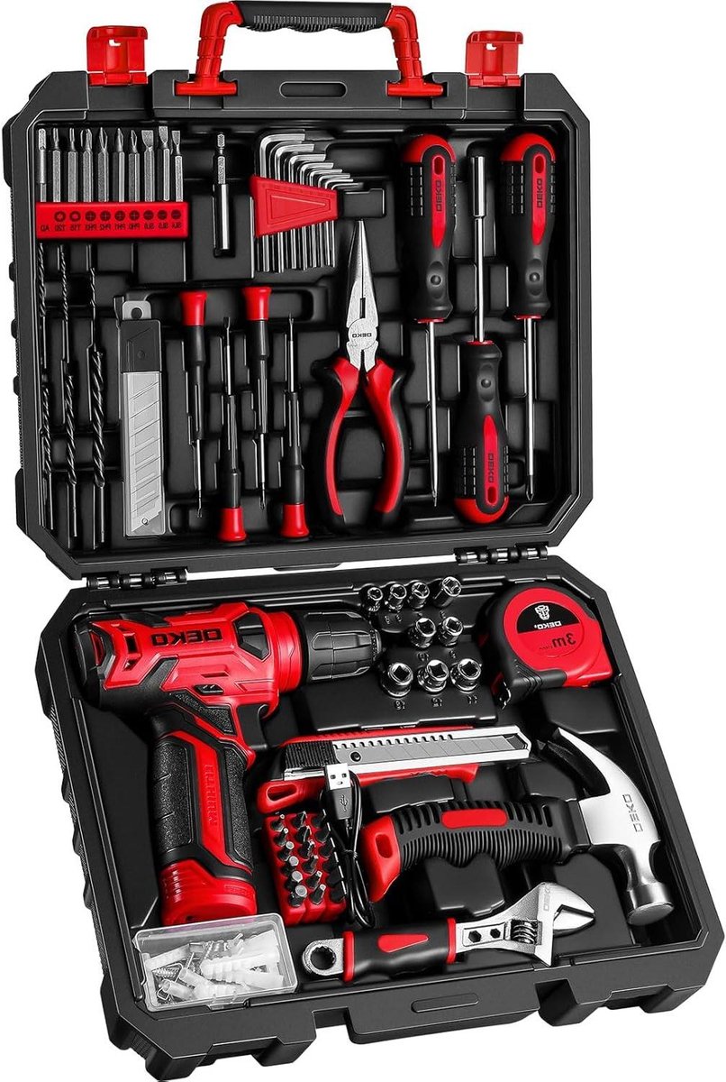 Gereedschapskist met boor - Handgereedschap set - Klusjes in huis - 126-delige set - 8V boor - Rood