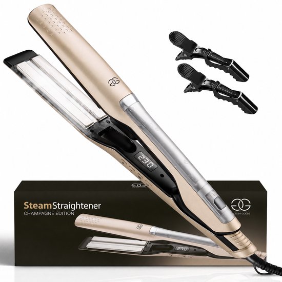 Champagne gouden stoom stijltang met zwarte accenten en digitale display van 230 graden, inclusief twee zwarte haarclips.