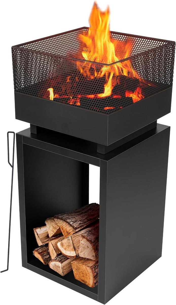 Vuurkorf met Vonkenscherm - Tuinhaard Buitenhaard - Sfeerverwarming Tuin - Met Pook en Houtopslag