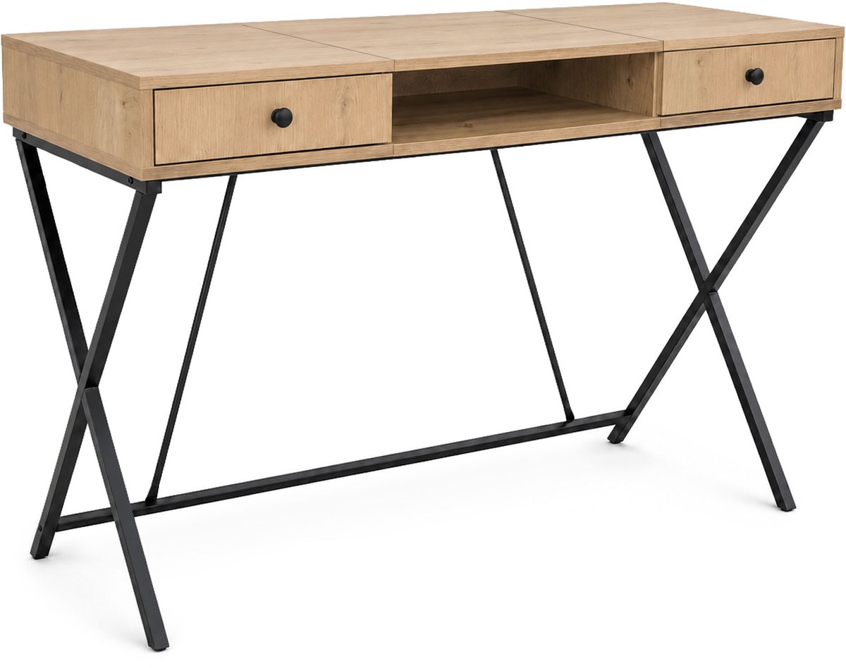 Computertafel Bureau CROSSLINE / Industrieel / Eiken Artisan / 120 cm / 2 Lades / 1 Plank / Zwarte Poten