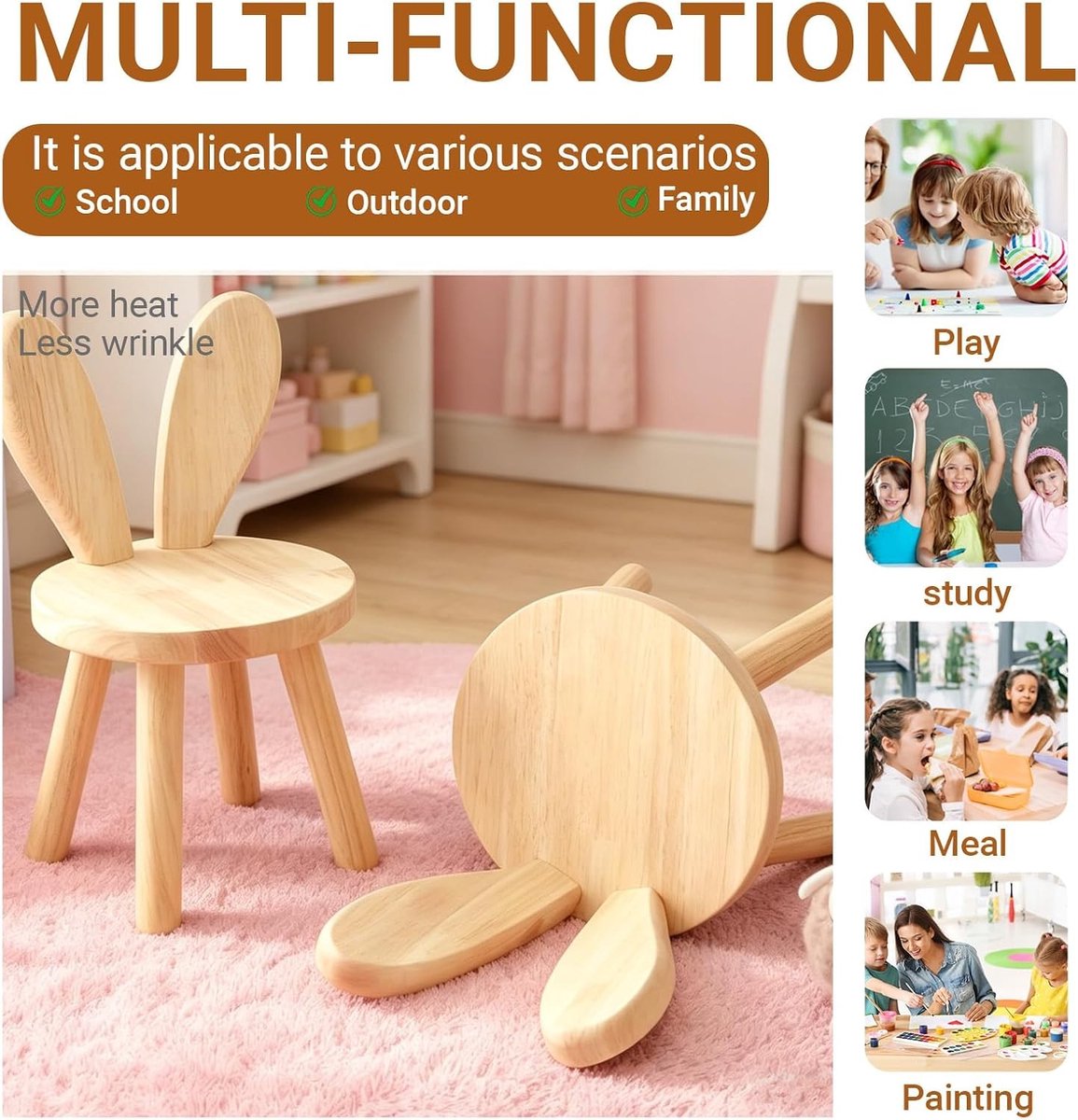 Massief houten kinderstoel met rugleuning en antislip voetjes voor kinderkamer, 45 x Ø 26 cm