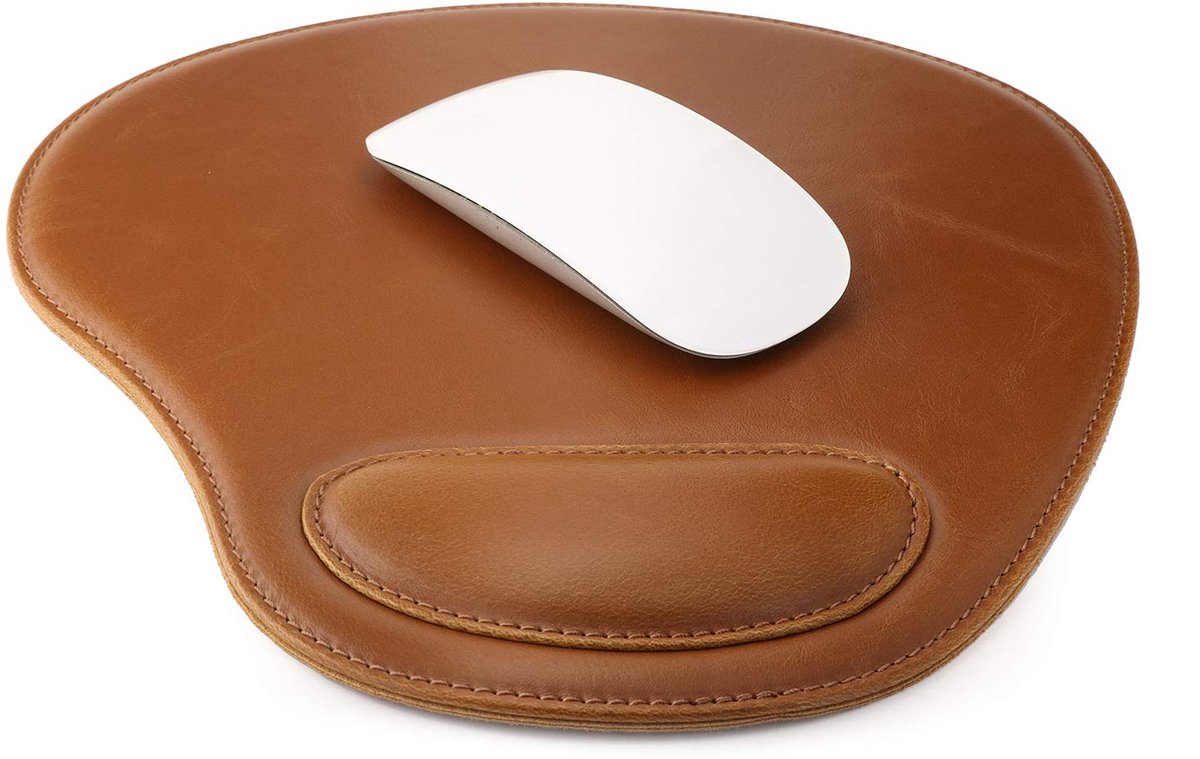 SnelShoppen - Lederen ovale muismat met polssteun, lichtbruin, ergonomisch ontwerp, perfect voor kantoor en thuis, luxe uitstraling voor optimale comf