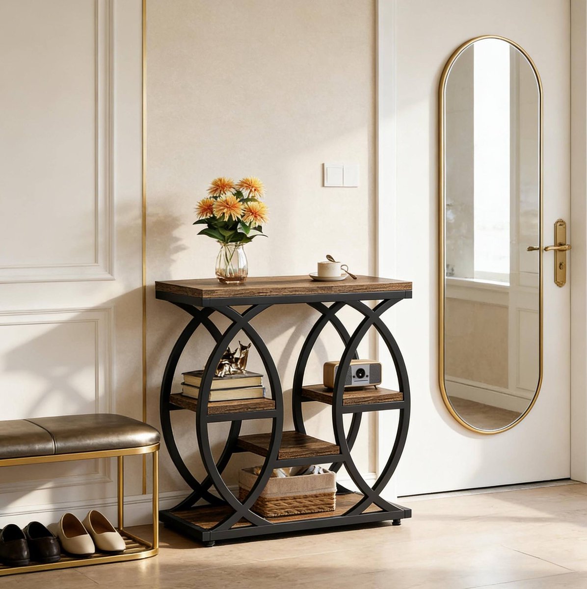 REDOM - Bijzettafel - Meerlaagse opbergplanken - Metalen frame - Houtlook - Industrieel - Woonkamer, hal of leeshoek - Hout en metaal - Bruin - 60 x 30 x 60 cm
