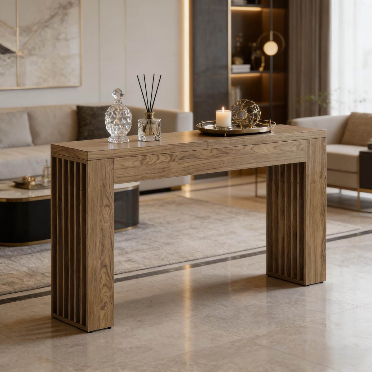 REDOM - Sidetable - Rechthoekig design met verticale lamellen - MDF constructie - Landelijke stijl - Voor hal en woonkamer - Bruin - 150 x 30 x 80 cm