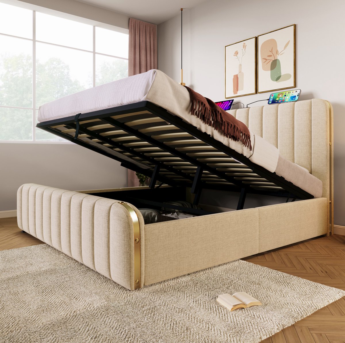 DESMIU Gestoffeerd Opbergbed 180 x 200 cm Met USB En Type C Oplaadfunctie Hydraulisch Bed Zonder Matras Beige Linnenlook