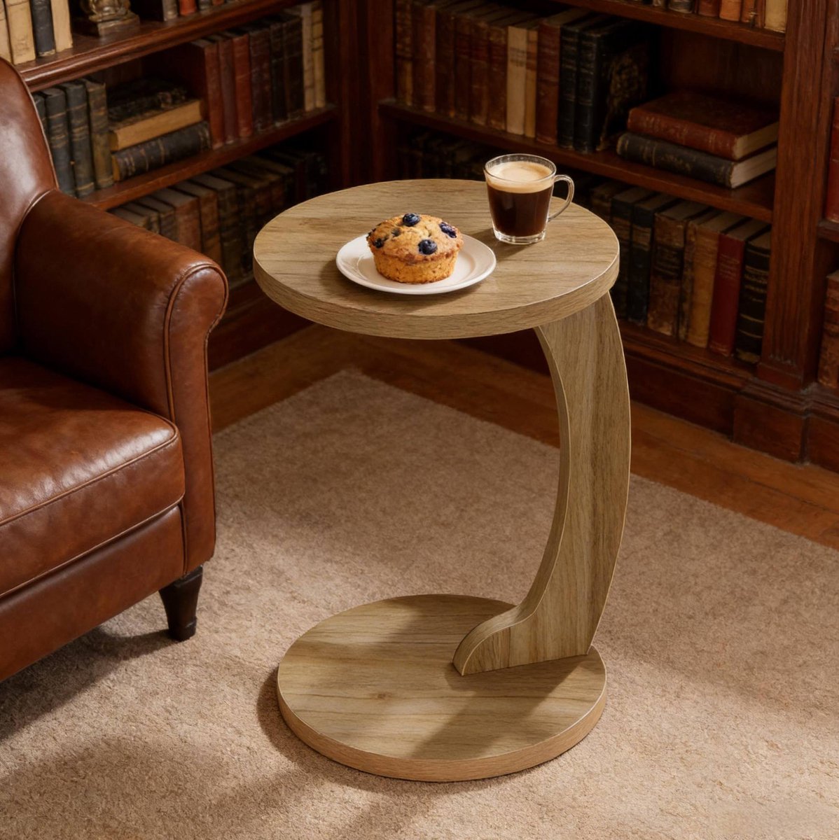 REDOM - Bijzettafel - C-vormig ontwerp - Rond tafelblad - Opbergruimte binnen handbereik - MDF met melamine fineer - Licht eiken - 38 x 55 cm