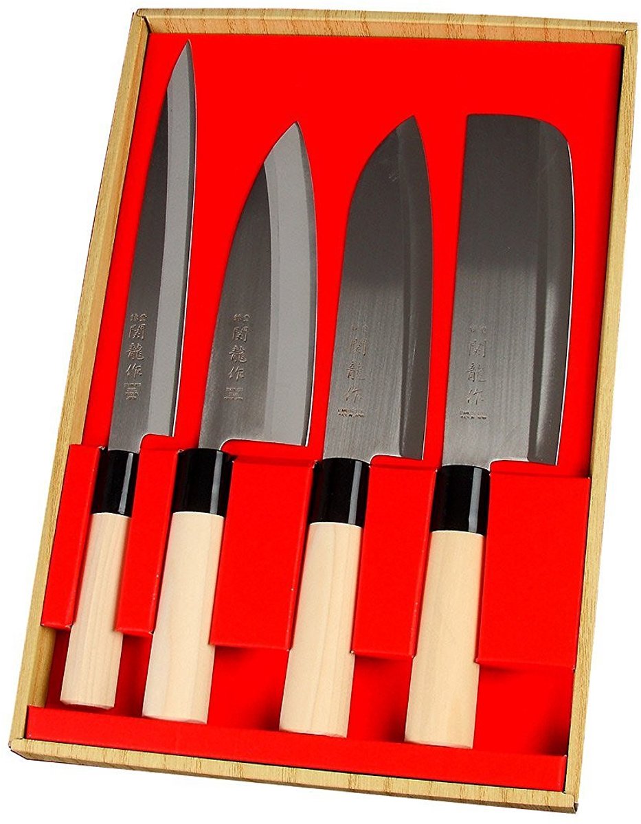 SnelShoppen - Set van 4 Japanse Koks- en Sashimimessen - RVS, Ergonomische Populieren Houten Handgreep - Sashimi, Deba, Santoku & Nakiri - Professione