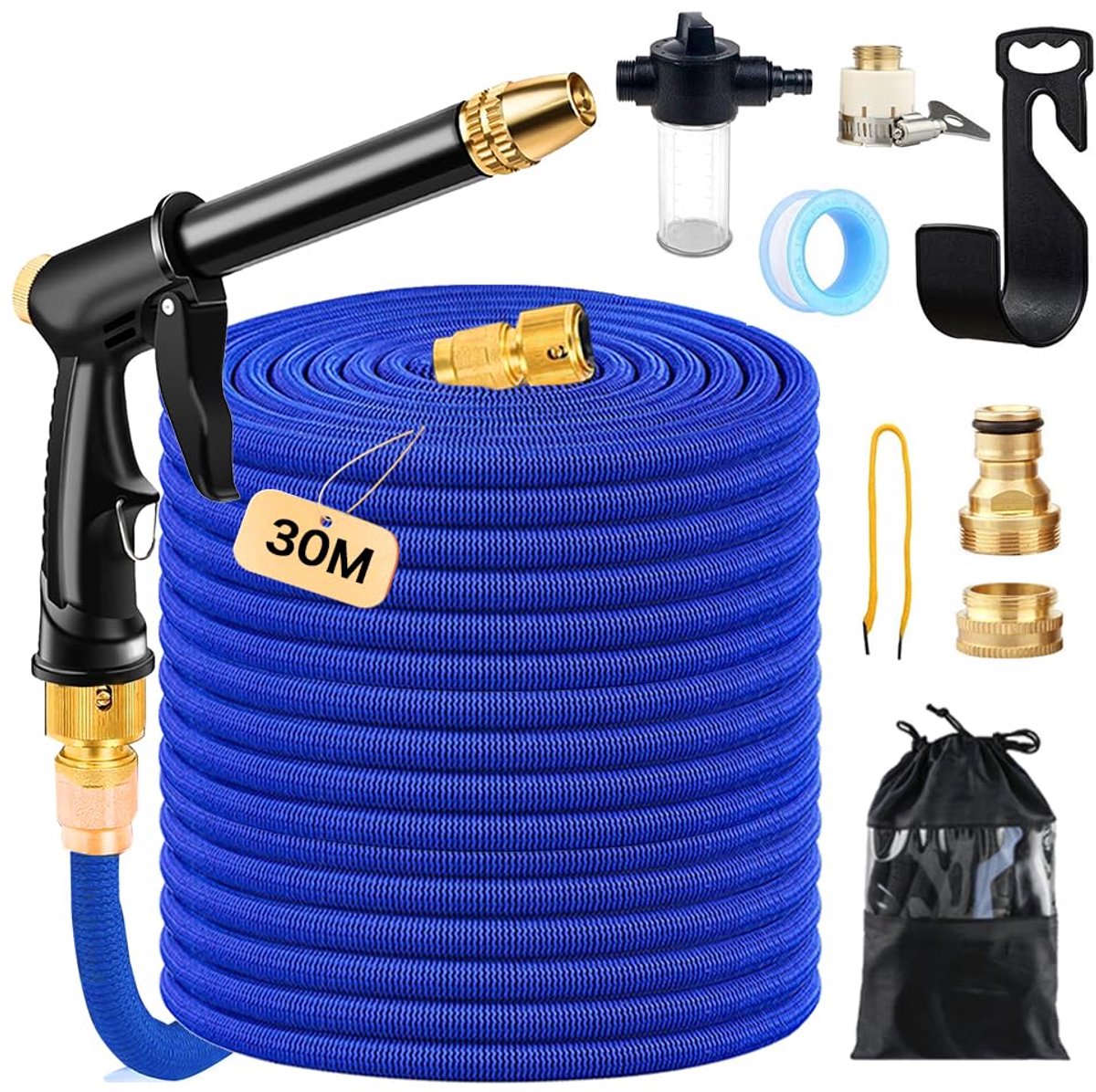 SnelShoppen - Flexibele Tuinslang 30 m - Knikvrij, Met Schuimgenerator, 3 Adapters & Wandhouder - Ideaal Voor Tuinirrigatie, Autowassen, Camping en Me