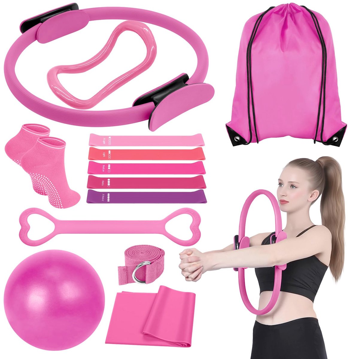 SnelShoppen - Pilates Essential Kit - Compleet Pilates Uitrusting voor Thuis - Roze Trainingsset met Zittoefeningen voor Vrouwen - Ideaal voor Thuis e