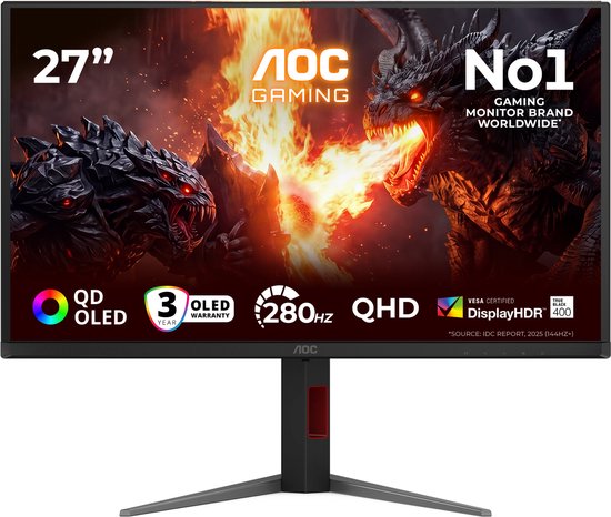 27 inch AOC gaming monitor met QD OLED, 280Hz, QHD en draken afbeelding.