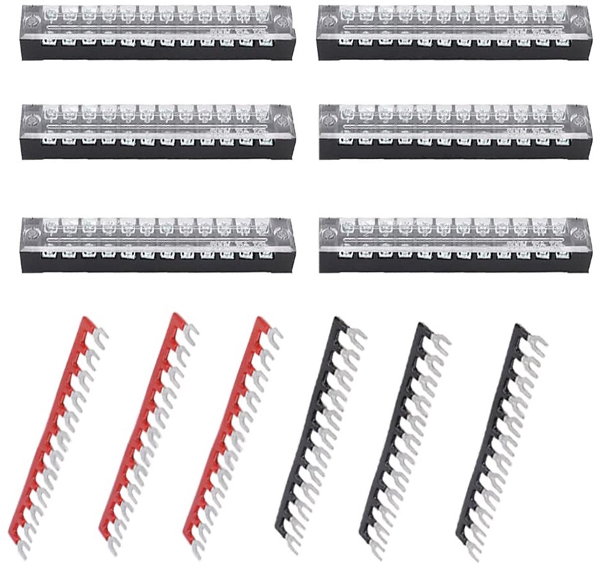 Set van 12 Dubbele Rij Schroefklemmen, 4 Niveaus, 600V, 15A - Isolatie Strip voor Terminalverbindingen, Rood/Zwart, 400V, 15A