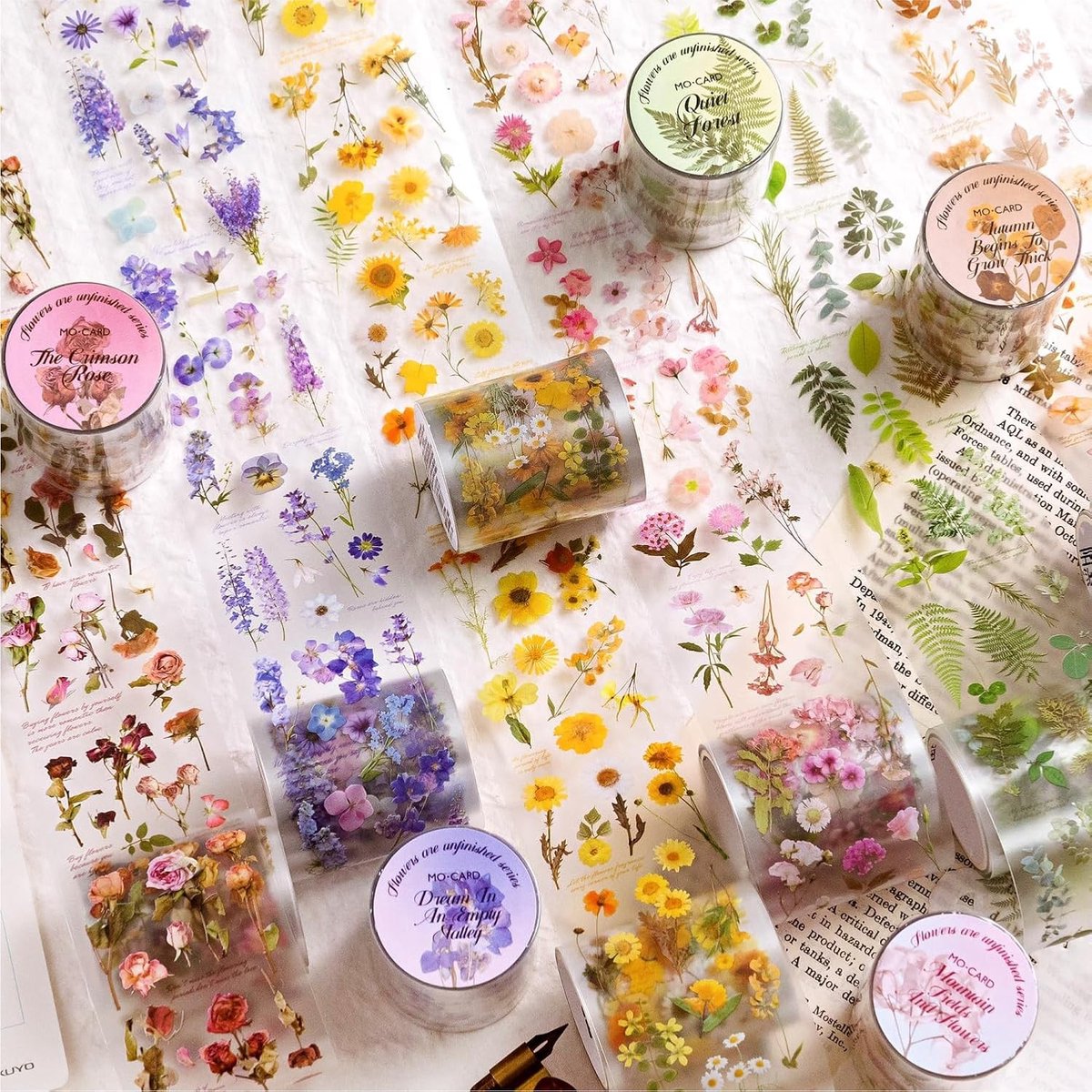 Set van 6 Rollen Washi Tape met Bloemen en Planten, Transparante Masking Tape voor Scrapbooking, Journaling en Bullet Journals, Creatieve Accessoires voor Planners en Knutselen