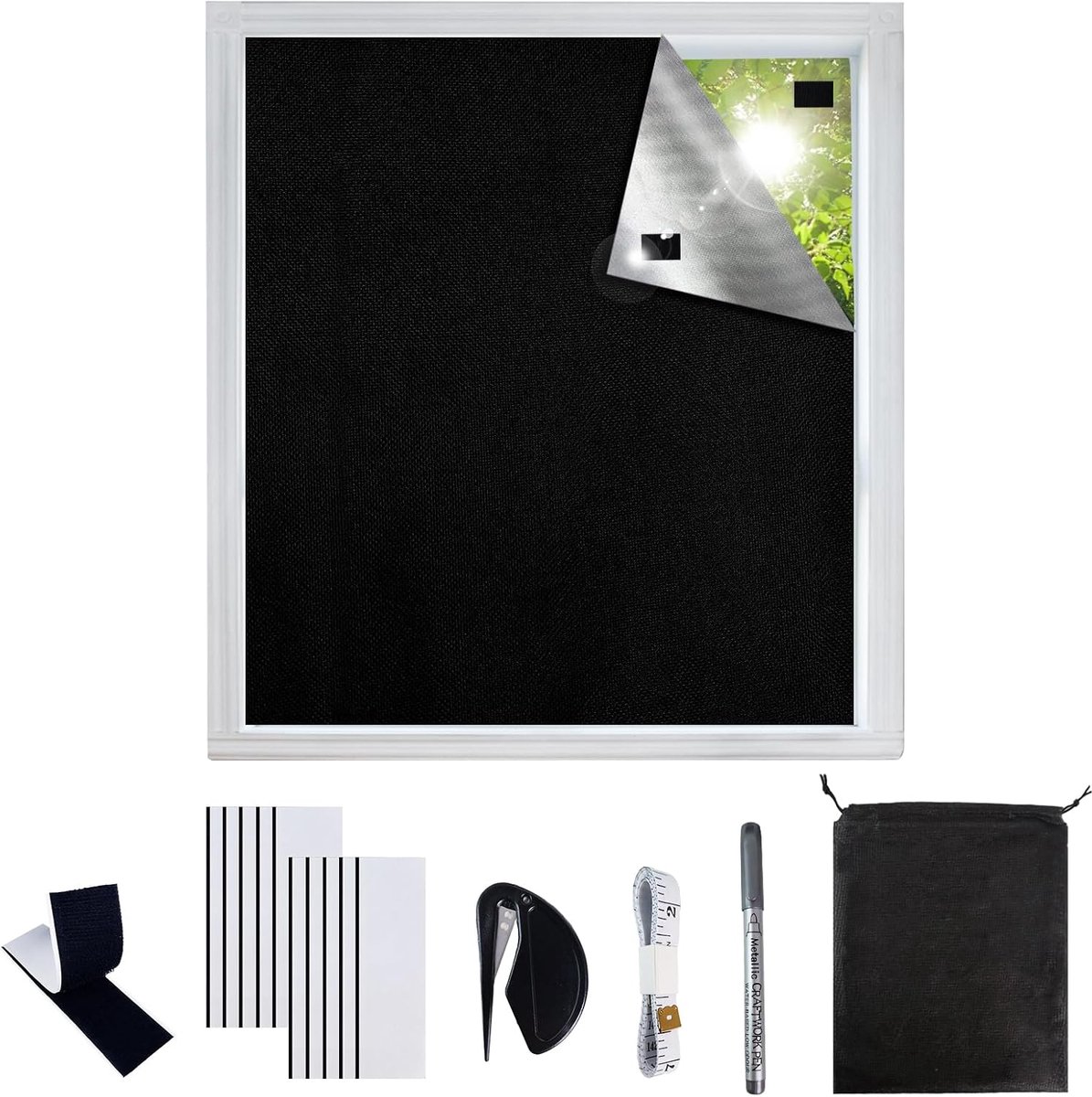 SnelShoppen - Verduisteringsrolgordijn 200 x 147 cm zonder boren, 100% verduistering, hitte- en uv-bescherming, op maat snijden voor slaapkamer en kin