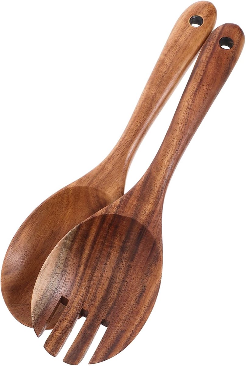 Tweedelige houten saladelepel en -vorkset - Geschikt voor het serveren van salades en het mengen van noedels - bruin