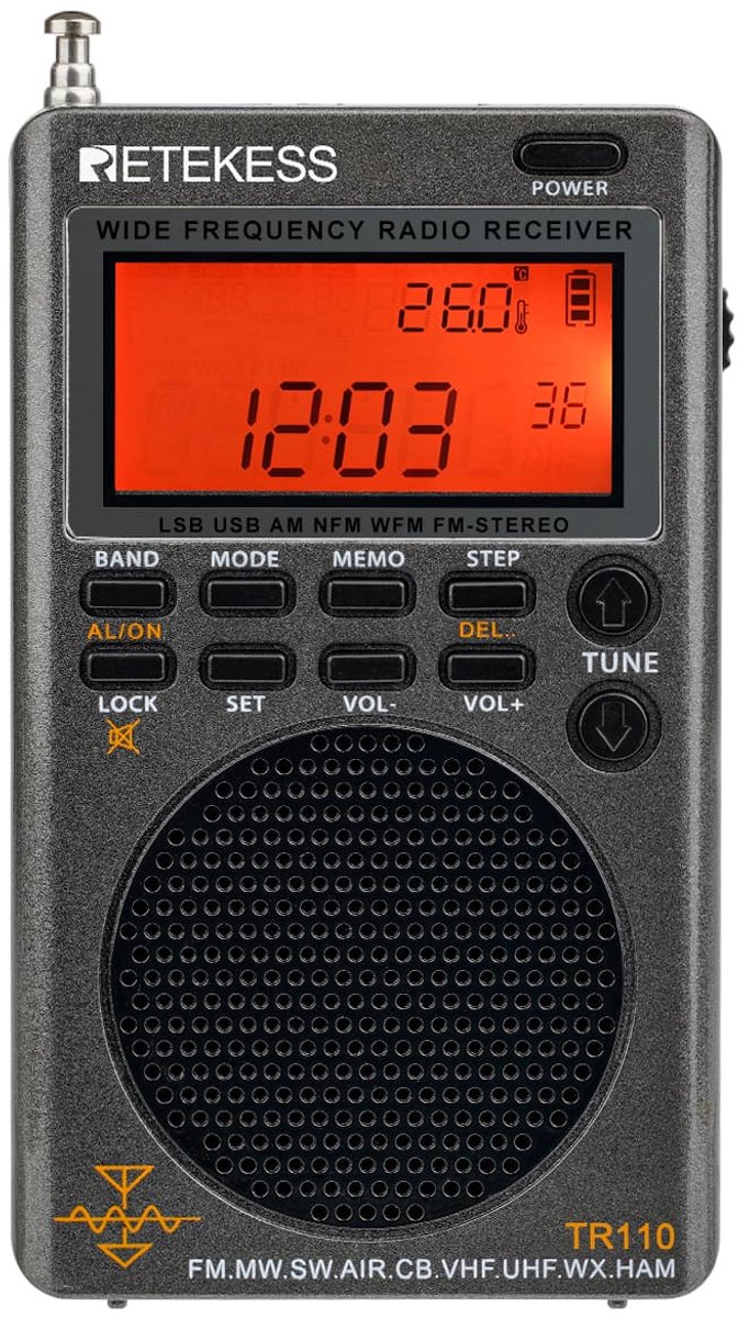 Retekess TR110 Draagbare Wereldontvanger - met Airband & SSB – FM/MW/SW/Zakradio - Oplaadbaar via USB-C - Clip & Sleeptimer – Ideaal voor Wandelen - Fietsen en Noodradio