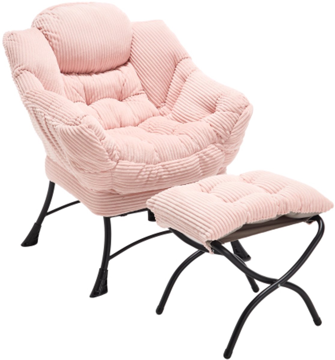 Roze luie stoel met poef - moderne lounge fauteuil met armleuningen en zijvak gestoffeerde leesstoel met voetsteun geschikt voor kleine ruimtes