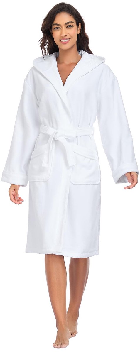 SnelShoppen - Badjas Dames Wit L - Badstof Met Capuchon - Luxe Badjas Voor Thuis - Ideaal Voor Wellness, Sauna, Of Na Het Douchen