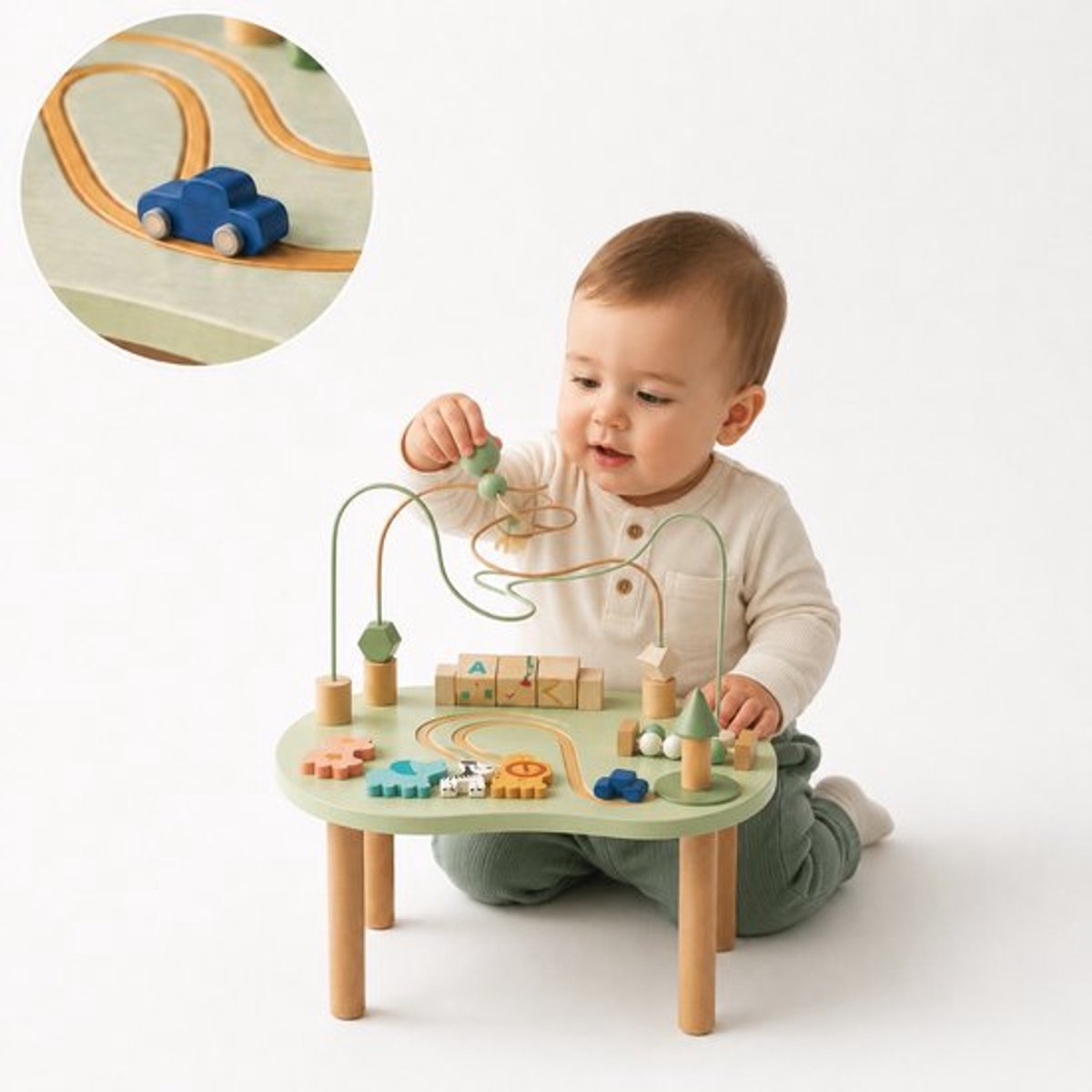 Laavir Houten Activiteitentafel Baby - Educatieve Montessori Speeltafel met Kralenspiraal, Autobaantje en Blokken - Interactief Speelgoed vanaf 1 Jaar - Lichtgroen