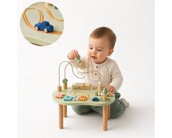 Laavir Houten Activiteitentafel Baby - Educatieve Montessori Speeltafel met Kralenspiraal, Autobaantje en Blokken - Interactief Speelgoed vanaf 1 Jaar - Lichtgroen