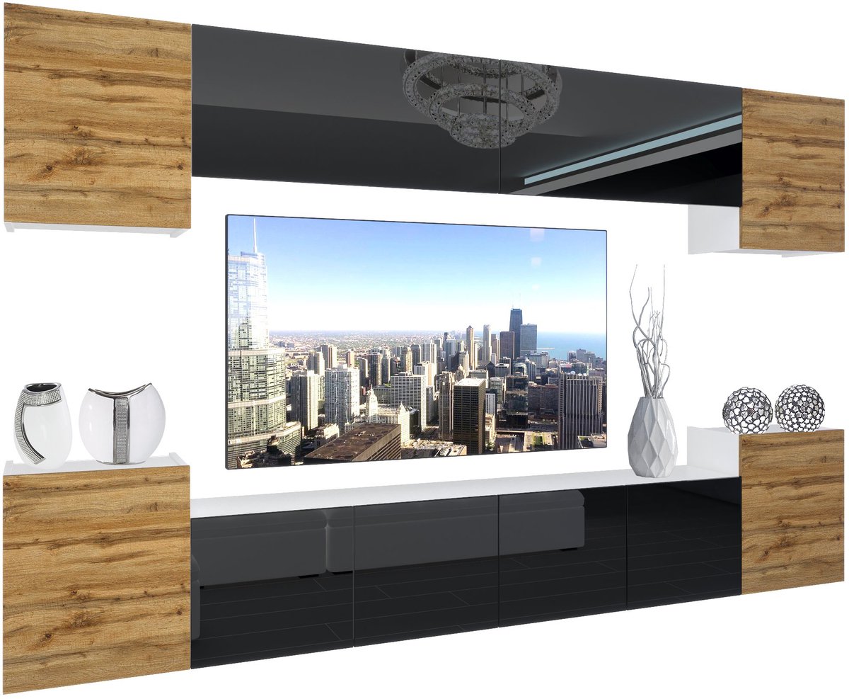 BELINI Wandmeubel NEX 4 - TV-Wandkast Set met LED-Verlichting Wotan Eiken / Zwart - Hoogglans Fronten