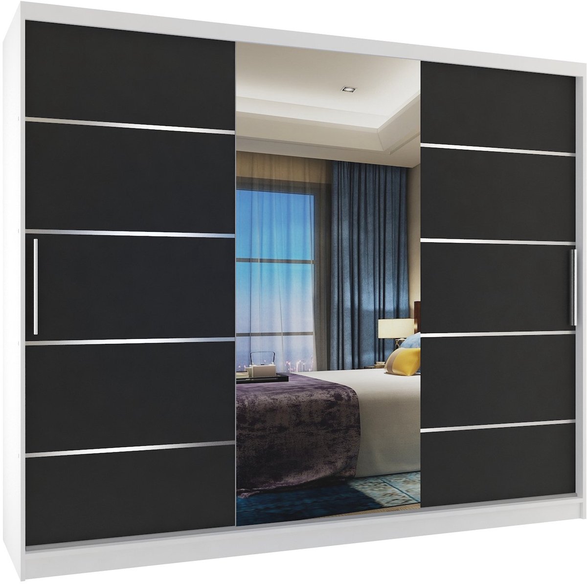 BELINI Verona MBP Schuifdeurkast 232 cm Wit/Zwart Mat - Kledingkast met Spiegel - Comfort Line Slaapkamerkast