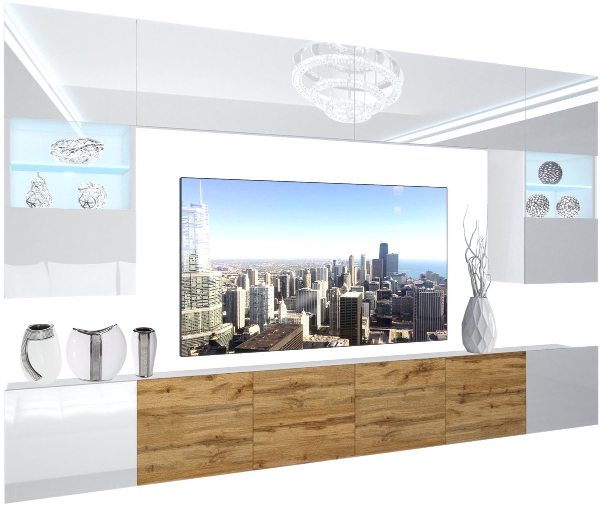 BELINI Wandmeubel NEX 1 - TV-Wandkast Set met LED-Verlichting Wit / Wotan Eiken - Hoogglans Fronten