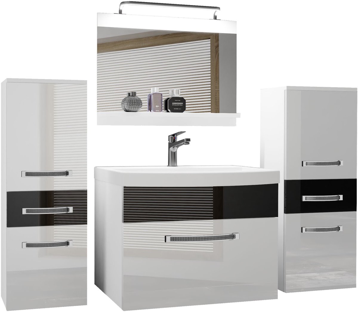 BELINI Badkamermeubel Set GLA P 4 - Badmeubelset 140 cm Wit Zwart Hoogglans met Wastafel, Spiegel en LED Lamp - Wandmontage