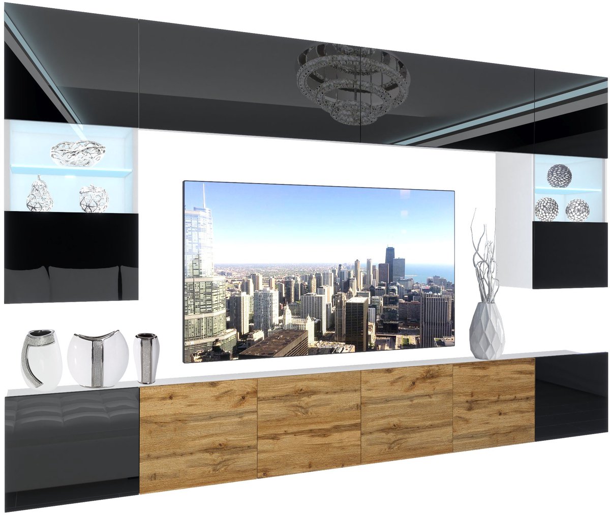 BELINI Wandmeubel NEX 1 - TV-Wandkast Set met LED-Verlichting Zwart / Wotan Eiken - Hoogglans Fronten