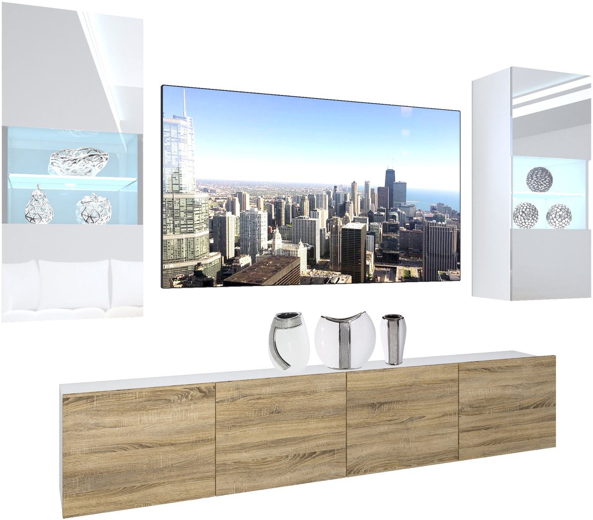 BELINI Wandmeubel NEX 7 - TV-Wandkast Set met LED-Verlichting Wit / Sonoma Eiken - Hoogglans Fronten