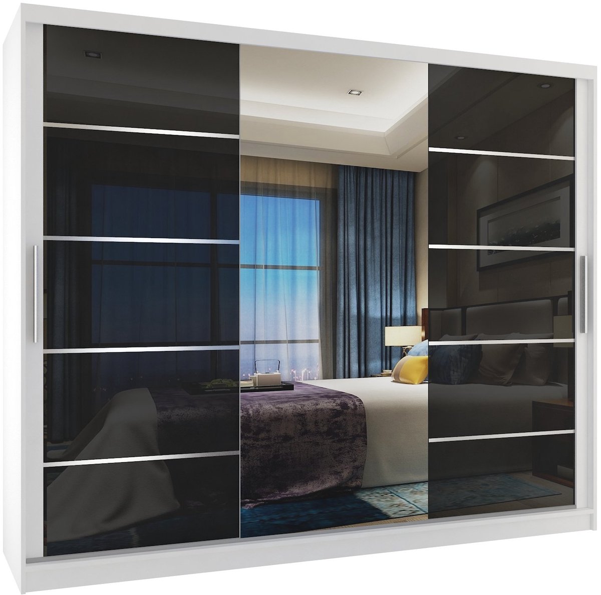 BELINI Verona MGB Schuifdeurkast 232 cm Wit/Zwart Hoogglans - Kledingkast met Spiegel - Comfort Line Hoogglans