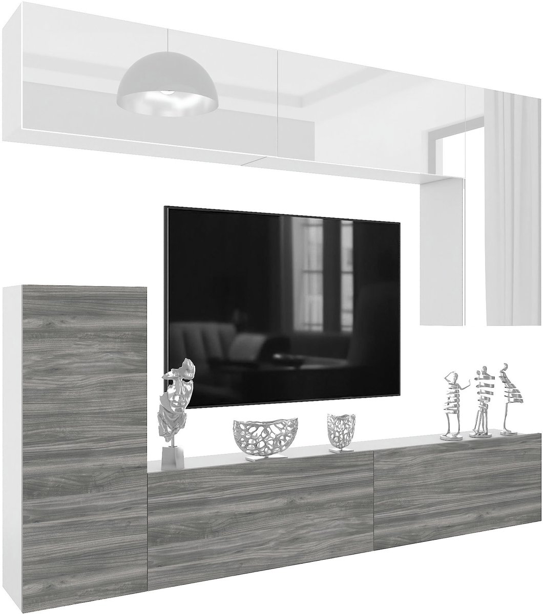 BELINI Wandmeubel Milano 8 250 cm Wit Hoogglans/Grijs Mat - TV-Wand Greeploos - Moderne Woonwand met Gasliftsysteem - Modulair TV-Meubel
