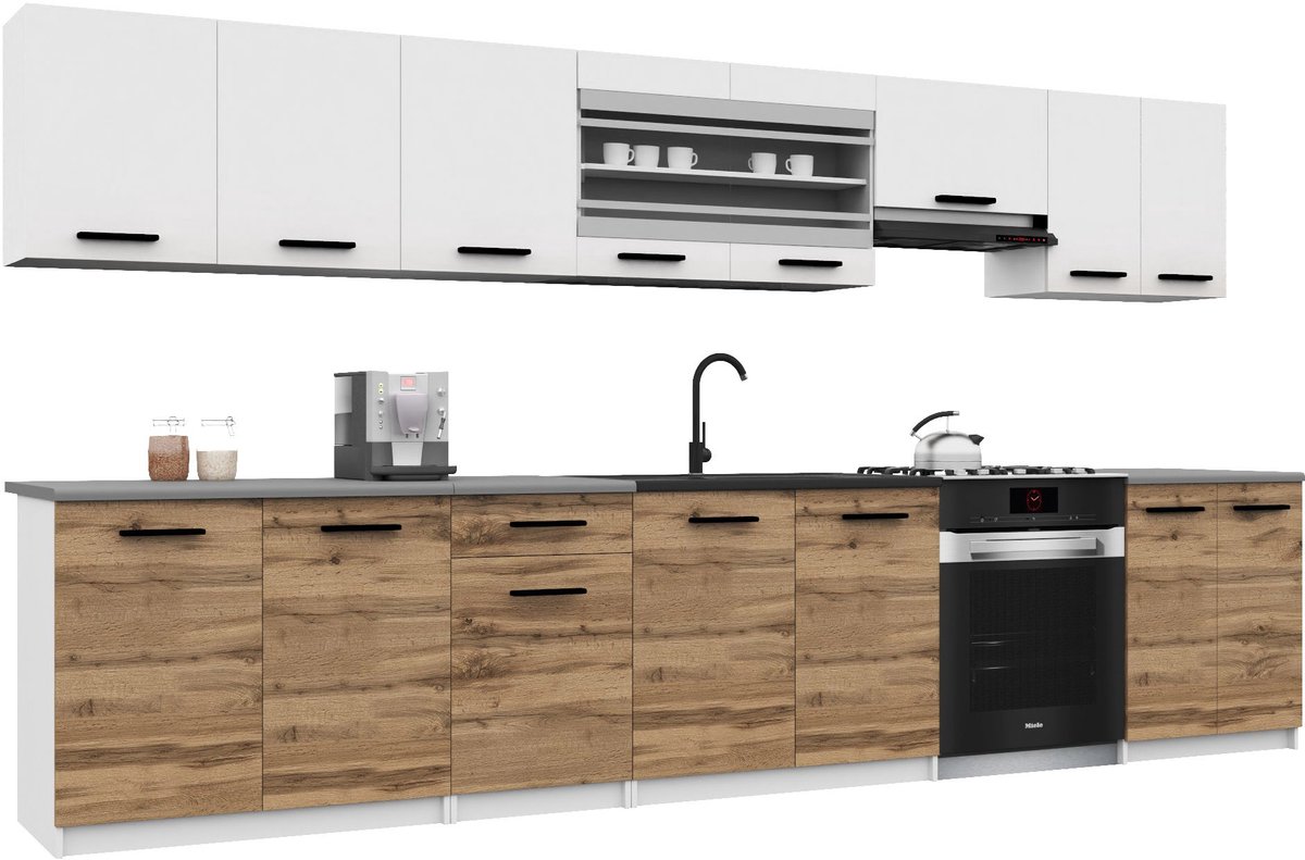 BELINI Keukenblok ITALIA 3 - Keukenmeubel Set 320 cm Wit-Goudbruin Mat met Werkbladen - Boven- en Onderkasten