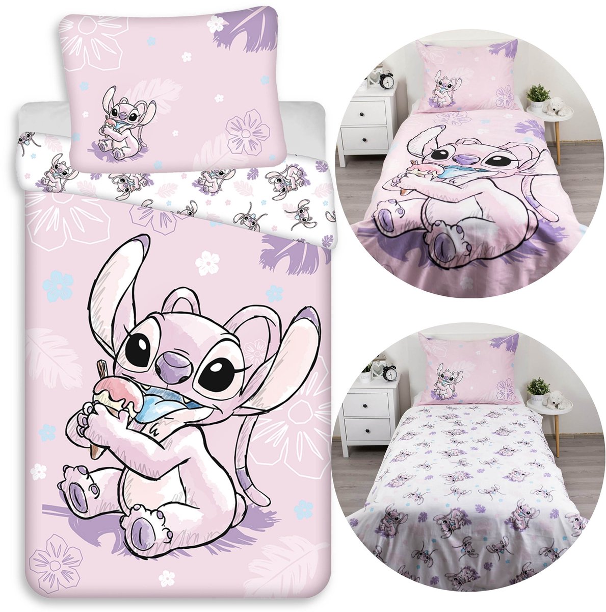 DISNEY Stitch Angel Roze, DUBBELZIJDIG, katoenen kinderbeddengoed met rits, 100% KATOEN 140x200cm+70x90cm OEKO-TEX