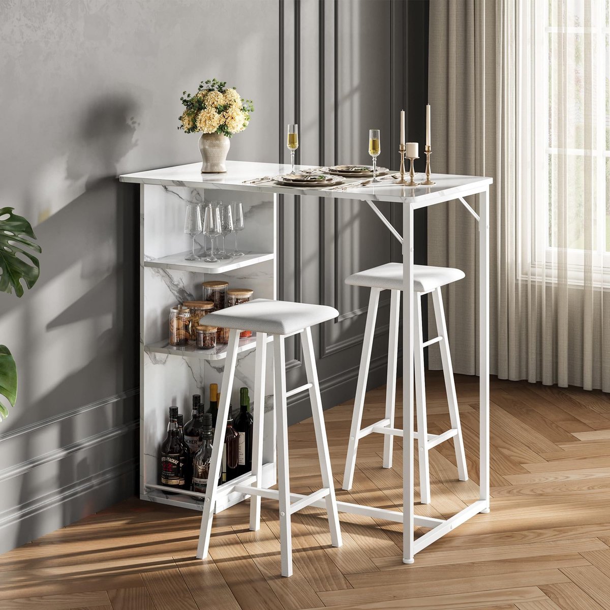 3-delige eetset op aanrichthoogte voor 2 personen – pub bartafel met 2 krukken, drielaagse opbergplanken, ruimtebesparend voor ontbijthoeken en keukens in kleine appartementen