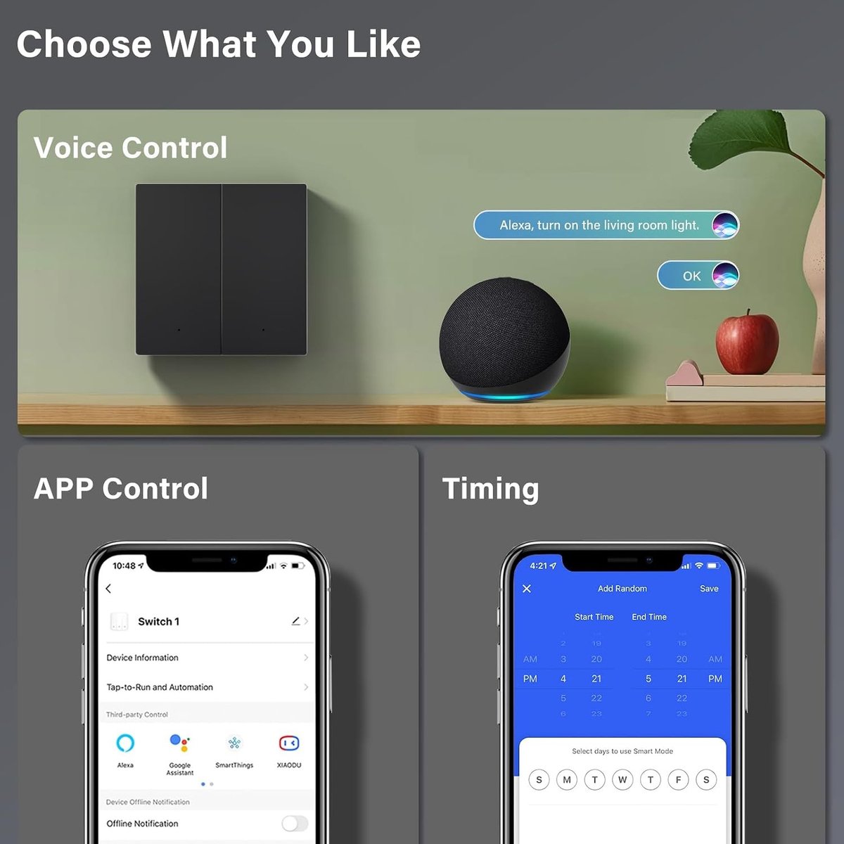 Slimme WiFi Lichtschakelaar voor Google Home en Alexa, 2 Groepen, Zwart - Draadloze bediening, Energiezuinig, Smart Home Integratie