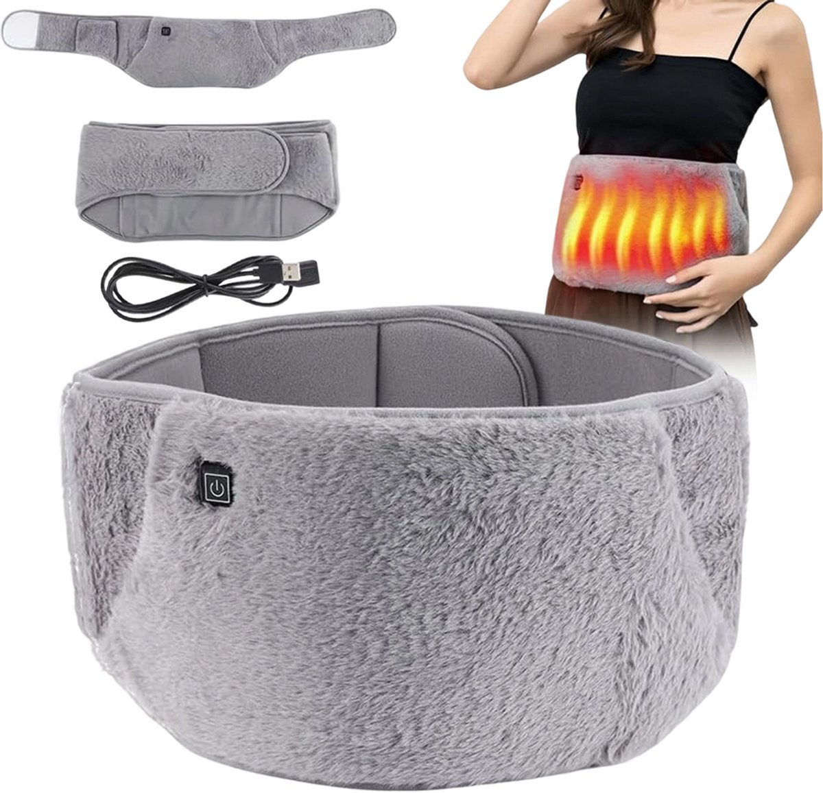 Verwarmde Tailleband met Grafeen - Massageapparaten - 3 Standen 45-65°C Constante Temperatuur - 5V USB-C Veilige Voeding - 1,5m Verlengsnoer & 105cm Lengte - Zacht Polyester - Voor Taille, Buik & Nek