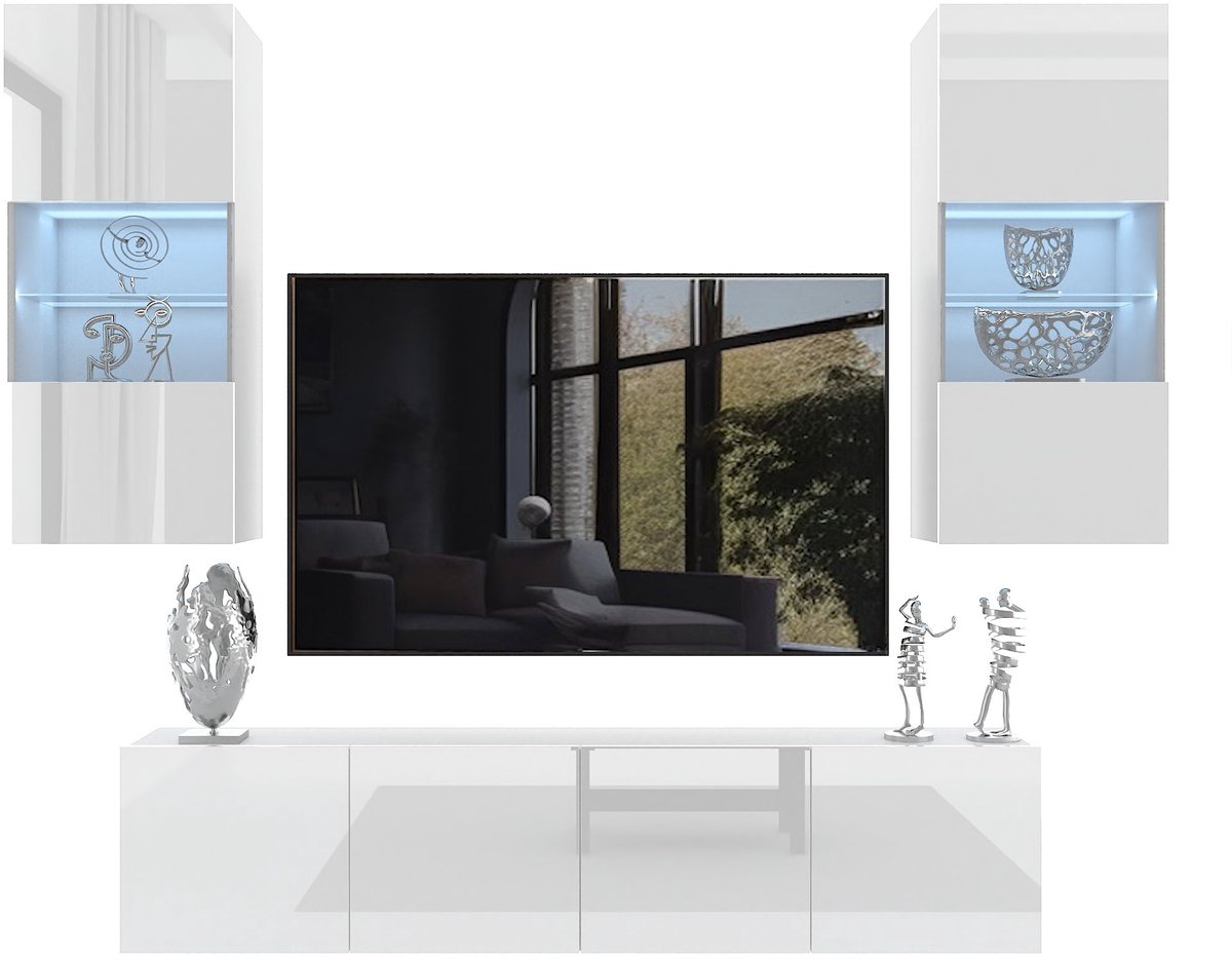 BELINI Wandmeubel Milano 7 200 cm Wit Hoogglans - TV-Wand Greeploos - Moderne Woonwand met Gasliftsysteem - Modulair TV-Meubel