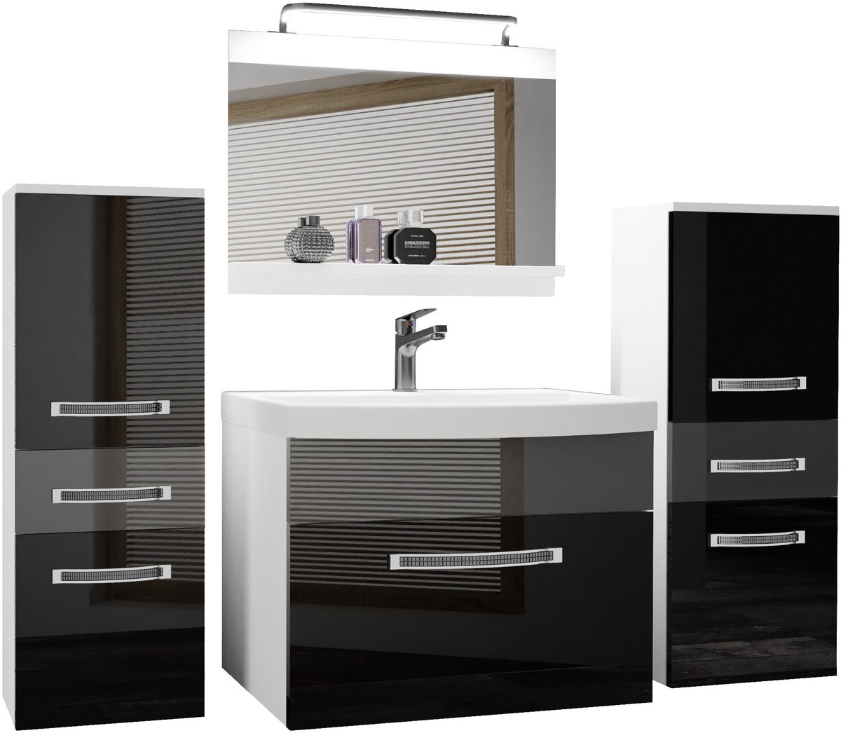 BELINI Badkamermeubel Set GLA P 4 - Badmeubelset 140 cm Zwart/Zilver Hoogglans met Wastafel, Spiegel en LED Lamp - Wandmontage
