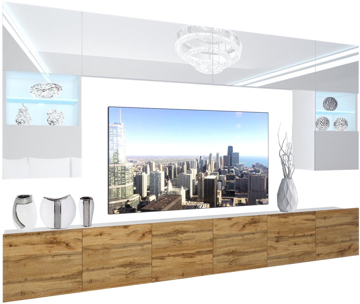 BELINI Wandmeubel NEX 1 - TV-Wandkast Set met LED-Verlichting Wit / Wotan Eiken - Hoogglans Fronten