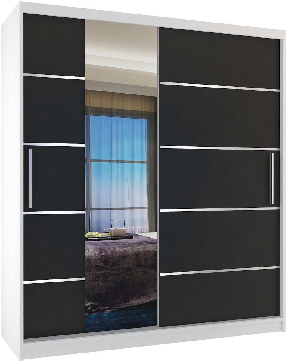 BELINI Verona MBP Schuifdeurkast 133 cm Wit/Zwart Mat - Kledingkast met Spiegel - Comfort Line Slaapkamerkast