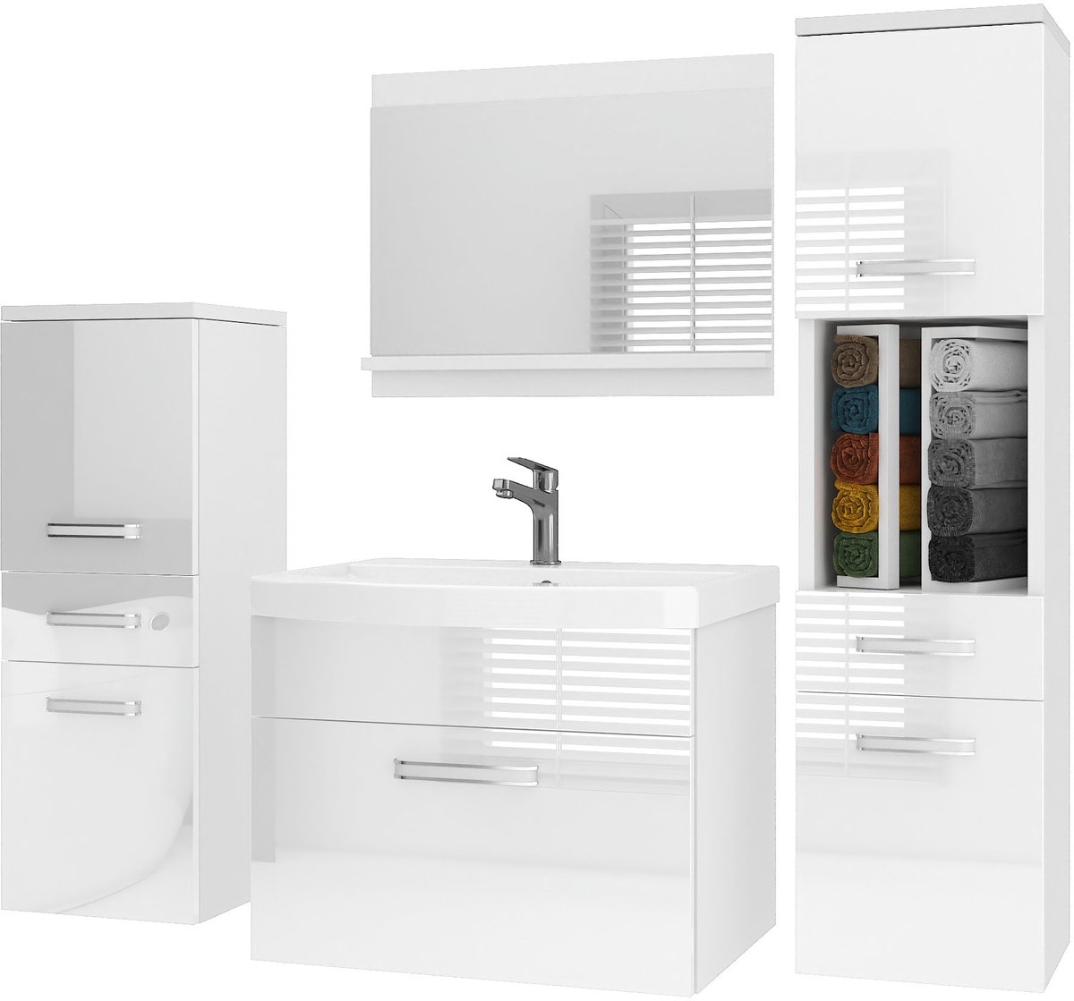 BELINI Badkamermeubel Set PRI P5 - Badmeubelset 120 cm Wit Hoogglans met Wastafel en Spiegel - Wandmontage